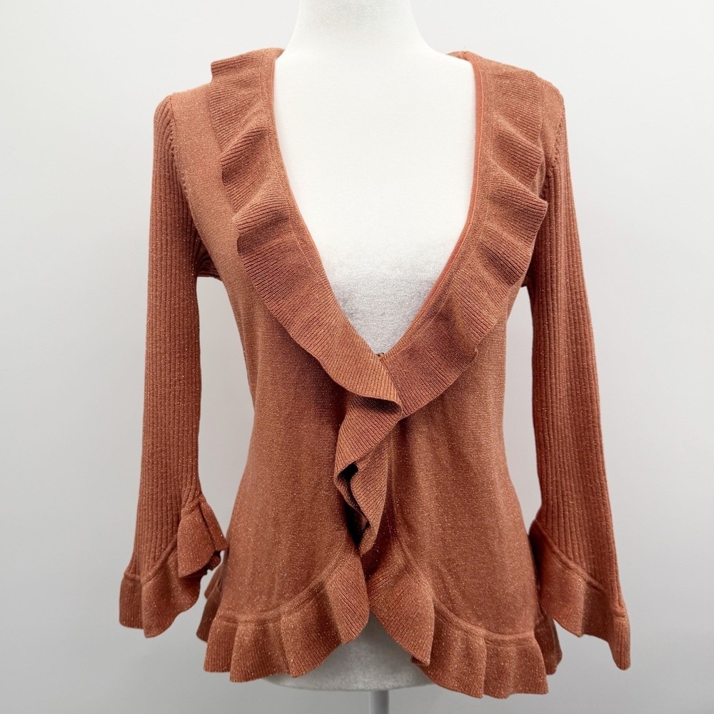 Vintage‎ Y2K Glitter Silk Blend Ruffle Cardigan in Terracotta Orange Size Large